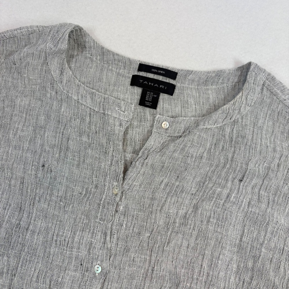 Tahari Linen Top Women XS Oversized Grey White Striped Button Down Shirt Beach